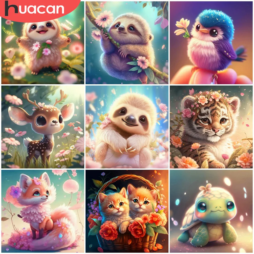 HUACAN 5D Diamond Painting Animal Flower Full Round DIY Drill Mosaic Cartoon Sloth Cat Home Decoration