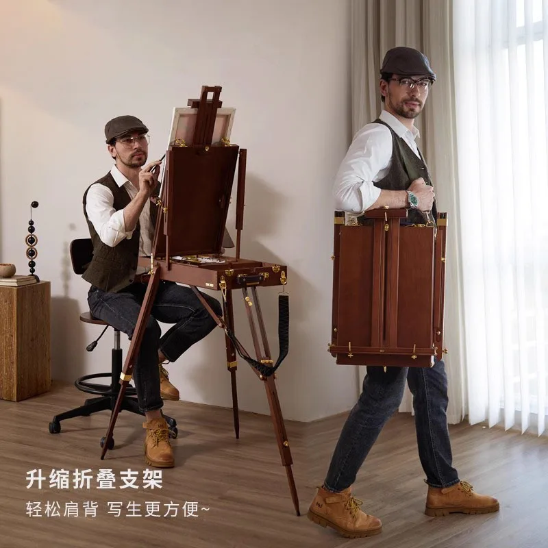 Minimalist walnut color professional artist outdoor portable sketch storage retro oil painting box easel
