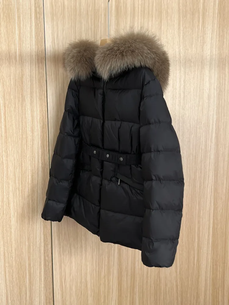 2023 New Women\'s Short Down Jacket Thickened Slim Waist Jacket Large Hair Collar Hooded 90% White Duck Down Coat Overcoat