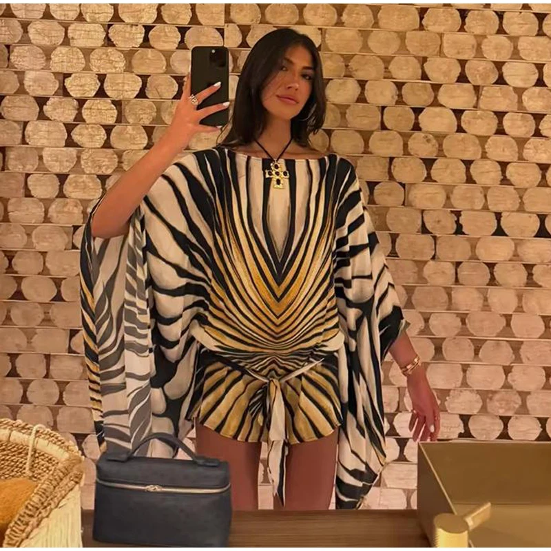 Robe pour femme à manches chauve-souris, col bateau, ourlet asymétrique, style rétro, taille nouée, imprimé rayé, pour l'été et les vacances à la plage