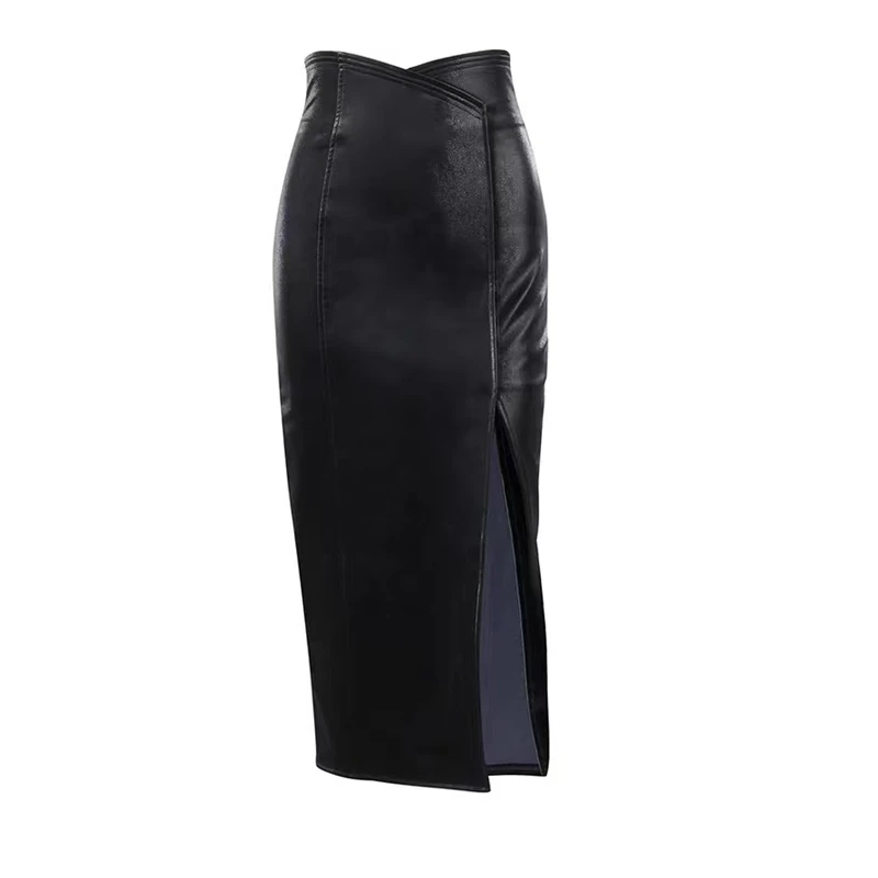 

Extra Large Size High Waist Slit Design Slimming Bla Leather Skirt Women's Faion Sle f-length Skirts