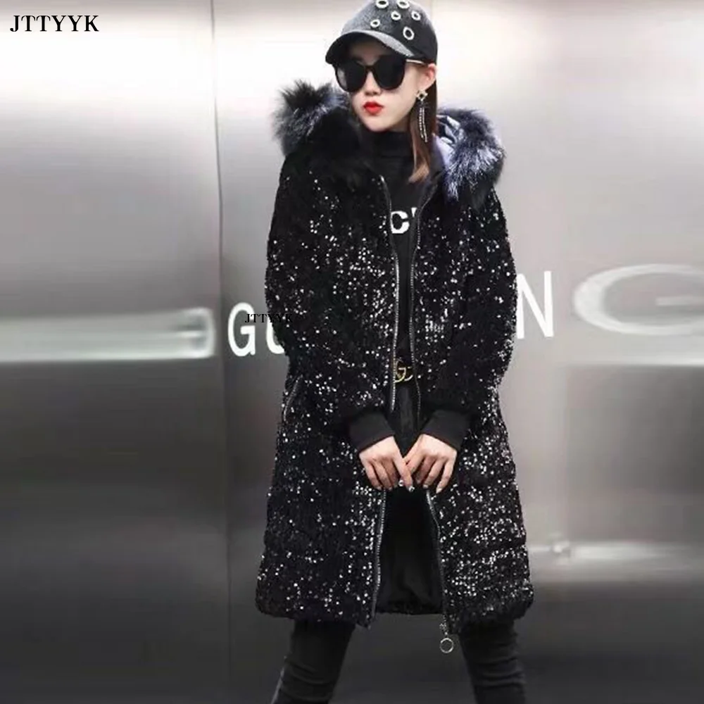 Full Sequins Parka Woman 2024 Winter Coat Thick Hooded Parka Streetwear Wide-waisted Solid Zippers Pockets Warm Jacket Parkas