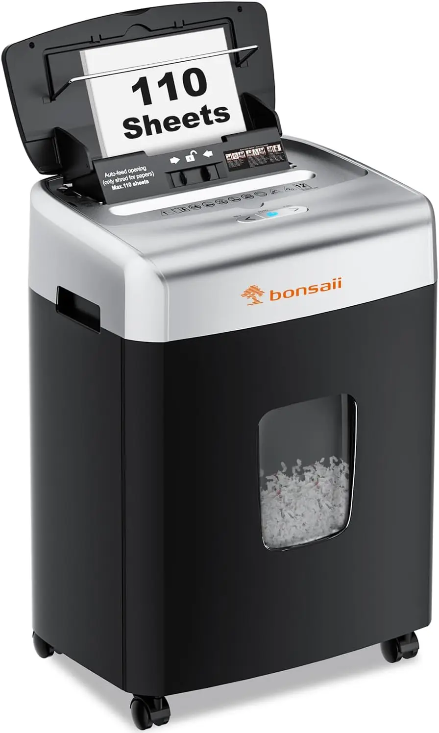 Bonsaii 110-Sheet Micro Cut Paper Shredder Auto Feeder Heavy Duty Paper Shredder for Office Use with 6 Gal large Wastebin