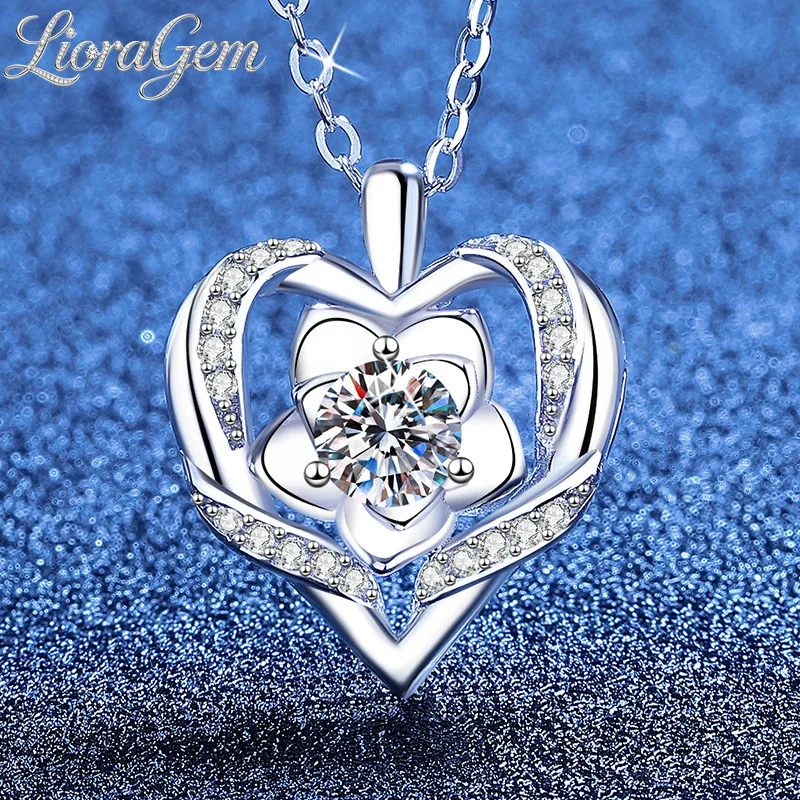 LioraGem Rose Heart-shaped Pendant Moissanite Necklace, Diamond-studded Clavicle Chain Valentine's Day Gift Platinum PT950 Stamp
