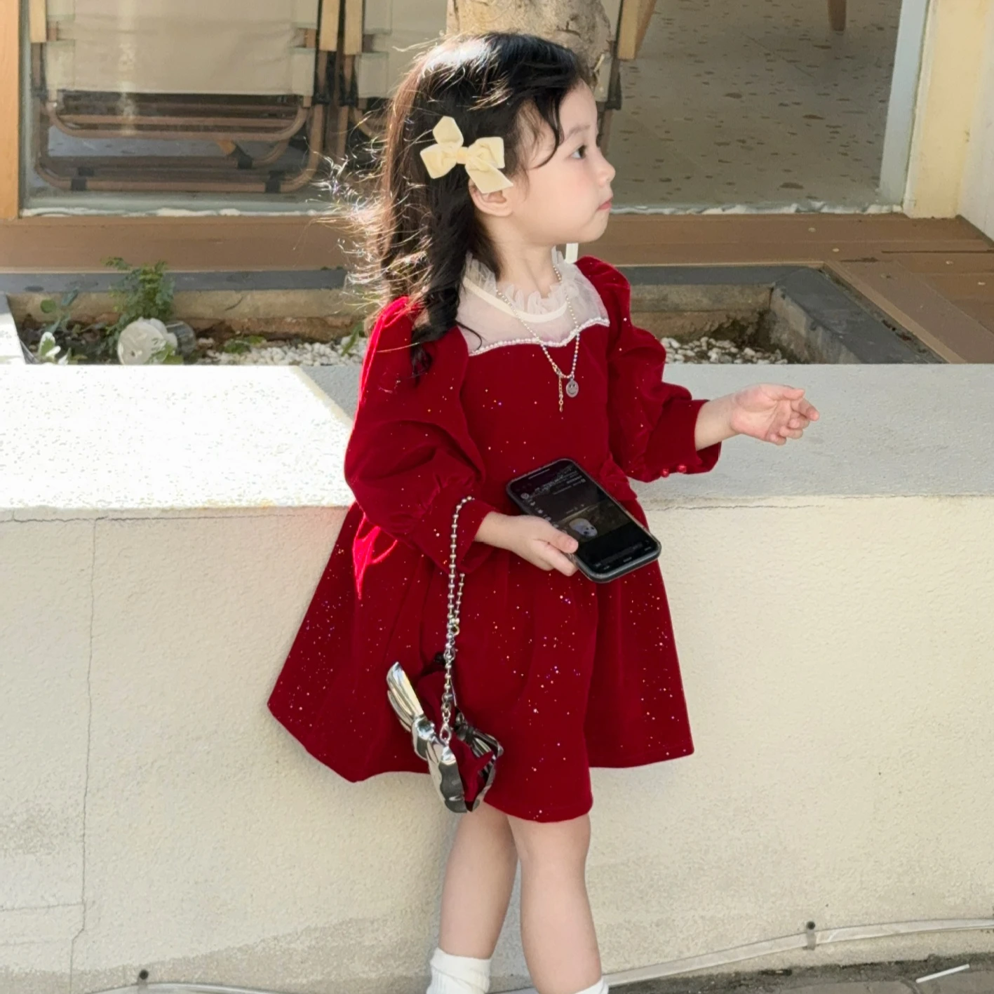 Girls' Shiny Dress with Dense Velvet and Thickened Princess Dress 2025 Autumn and Winter New Christmas Birthday Party Red