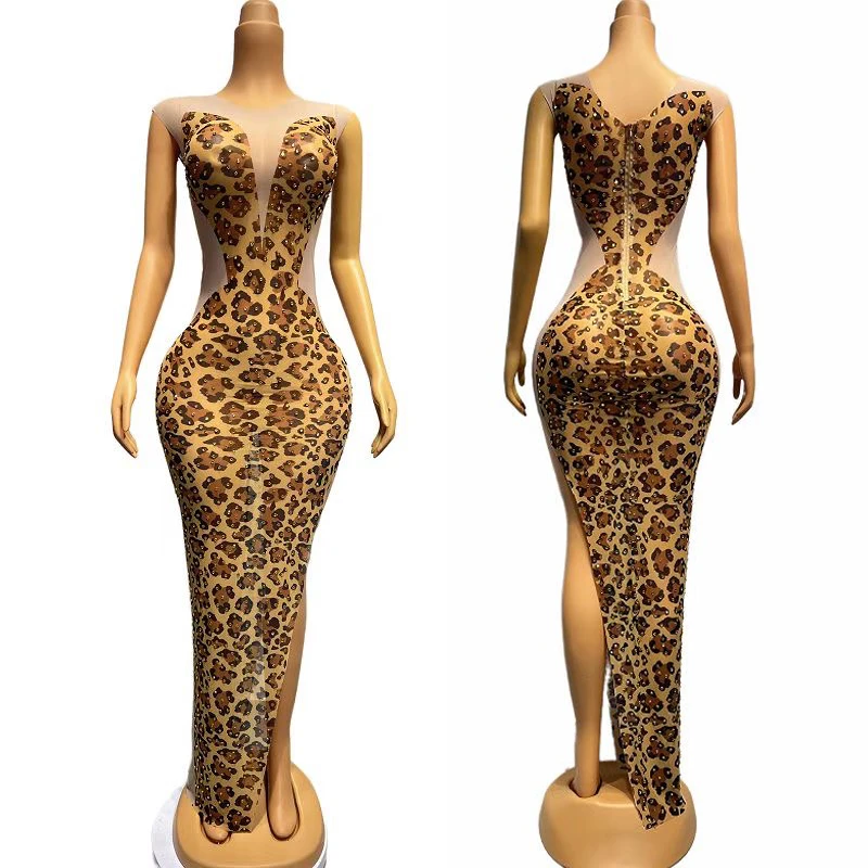 

Leopard Rhinestones Evening Dresses Sexy Mesh Stretch Party Dress Women Birthday Celebrate Outfit Stage Festival Costume BWQ