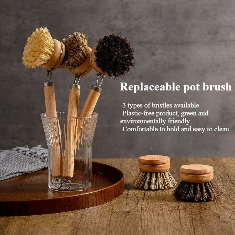 Replaceable Dish Brush Wooden Handle Stain Remove Pot Brush Portable Household Cleaning Scrub Brushes Kitchen Accessories