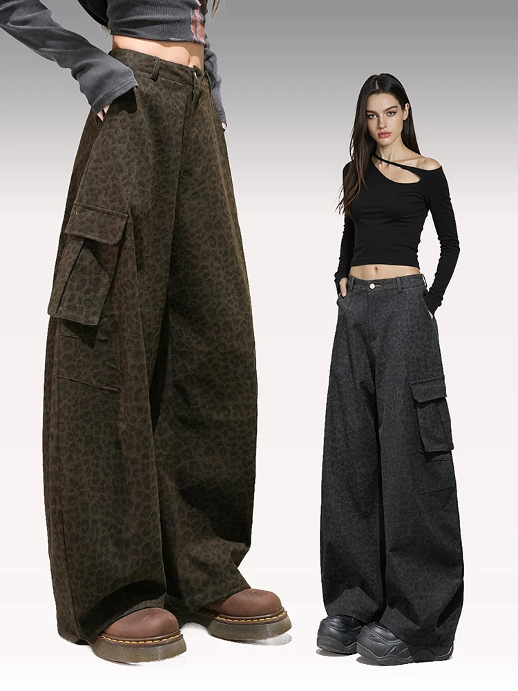 

Темные ретро-брюки с леопардовым принтом, широкие, свободные, в пол, для работы, женские, повседневные, удобные, прямого кроя