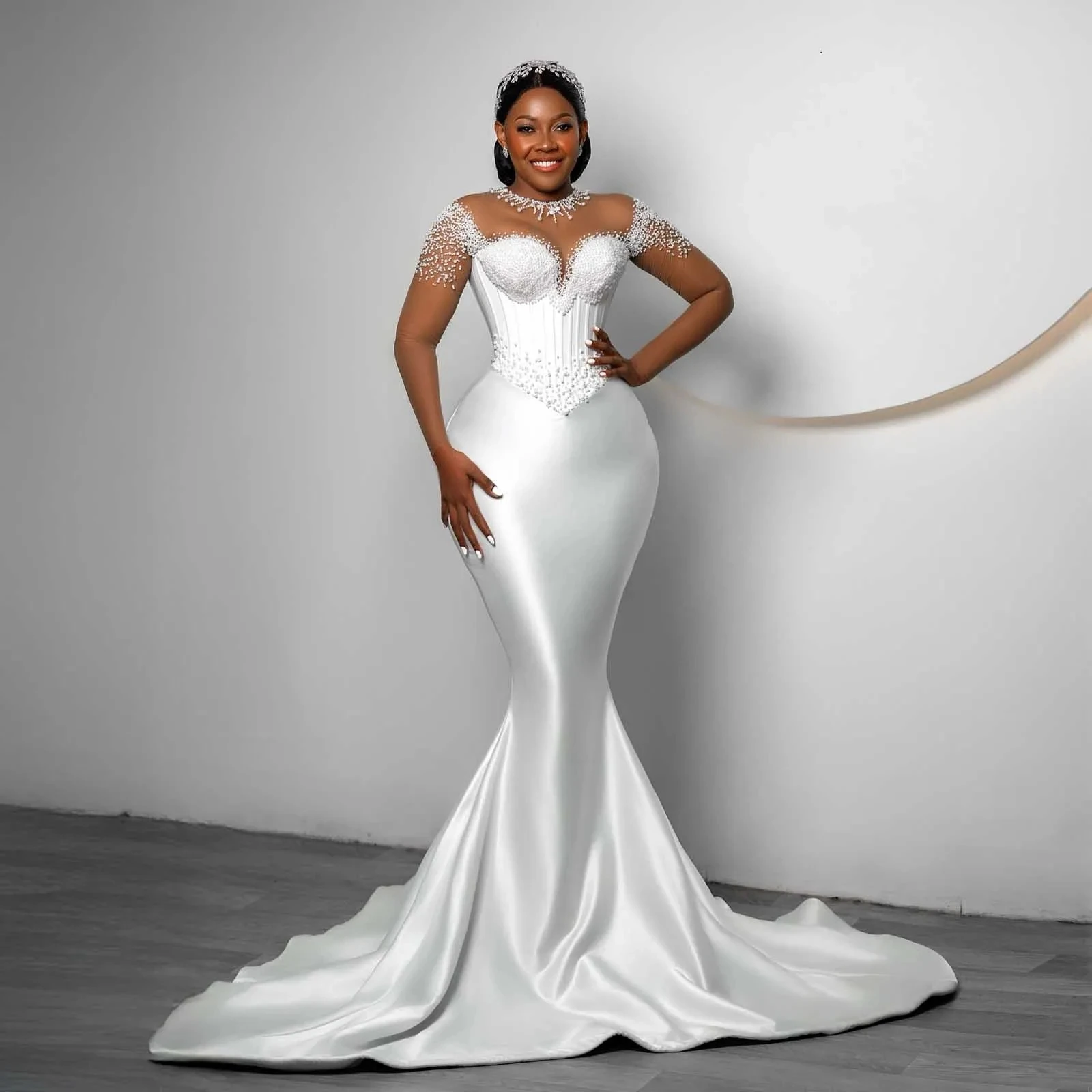 

Elegant African Wedding Dresses White Beading Sheer Neck Asoebi Satin Mermaid Bride Bridal Gowns Black Women Vestido de Noiva