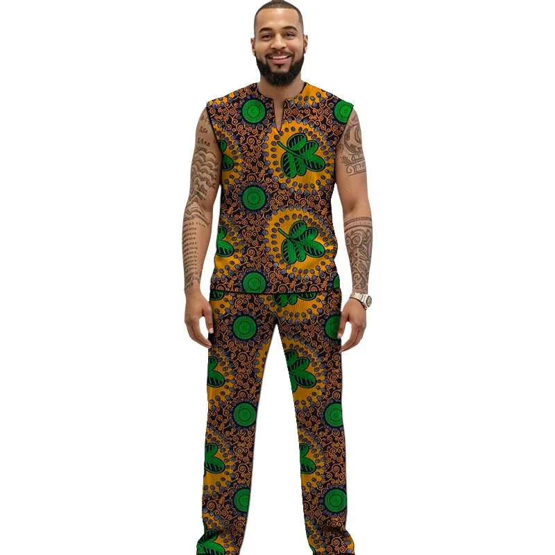 African Print Couture Tank Top+Trouser Men's Ankara Outfit Set For Wedding Formal Male Party Wear Tailored