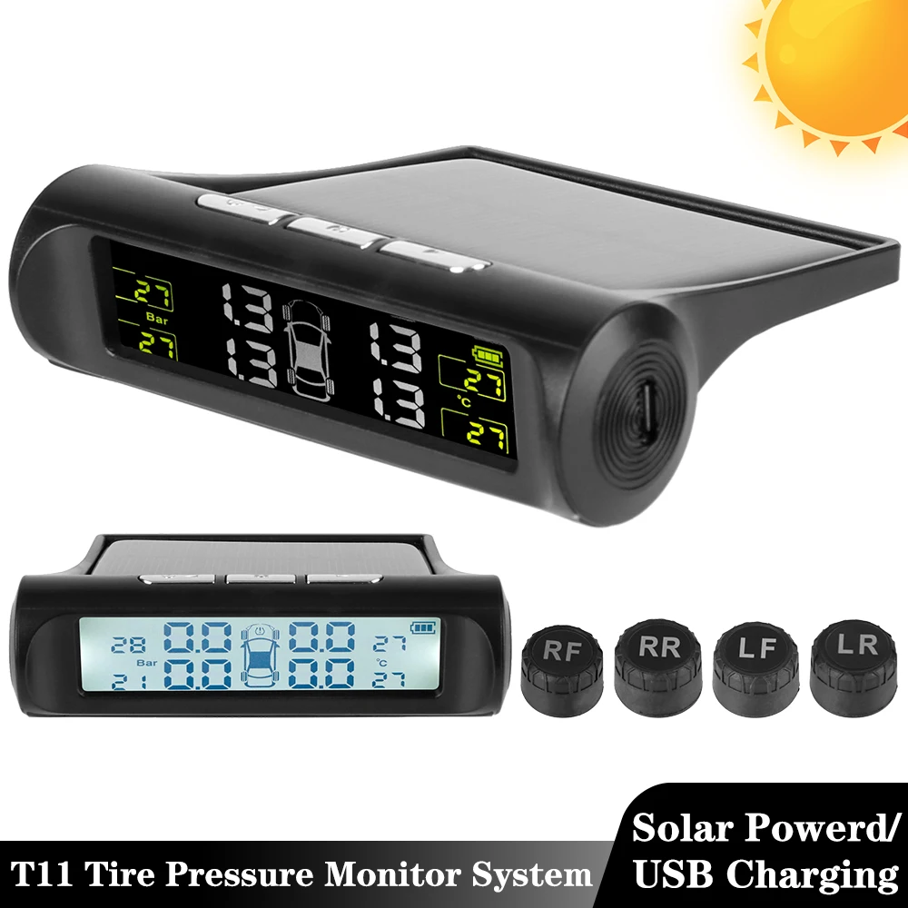 Car Tire Pressure Monitoring System 0-6Bar USB/Solar TPMS Tyre Temperature Monitor Auto Security Alarm Systems Universal