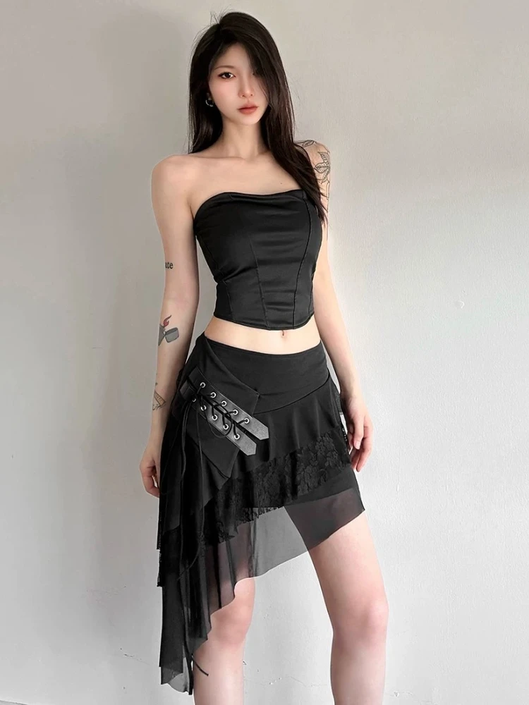 Mini Skirt Black Lace Mesh Patchwork High Waist Unique Slimming Irregular Edgy Chic Ultra Gorgeous Stunning Flattering Dress