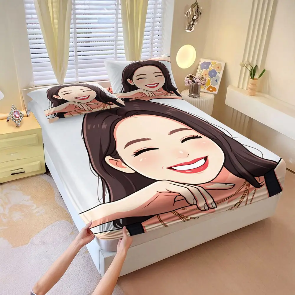 Cheerful Smiling Long Hair Fitted Sheet Set Bed Sheet Set Bedding Set No Fillers Bright Digital Print Teen Girl Bedroom Bedding