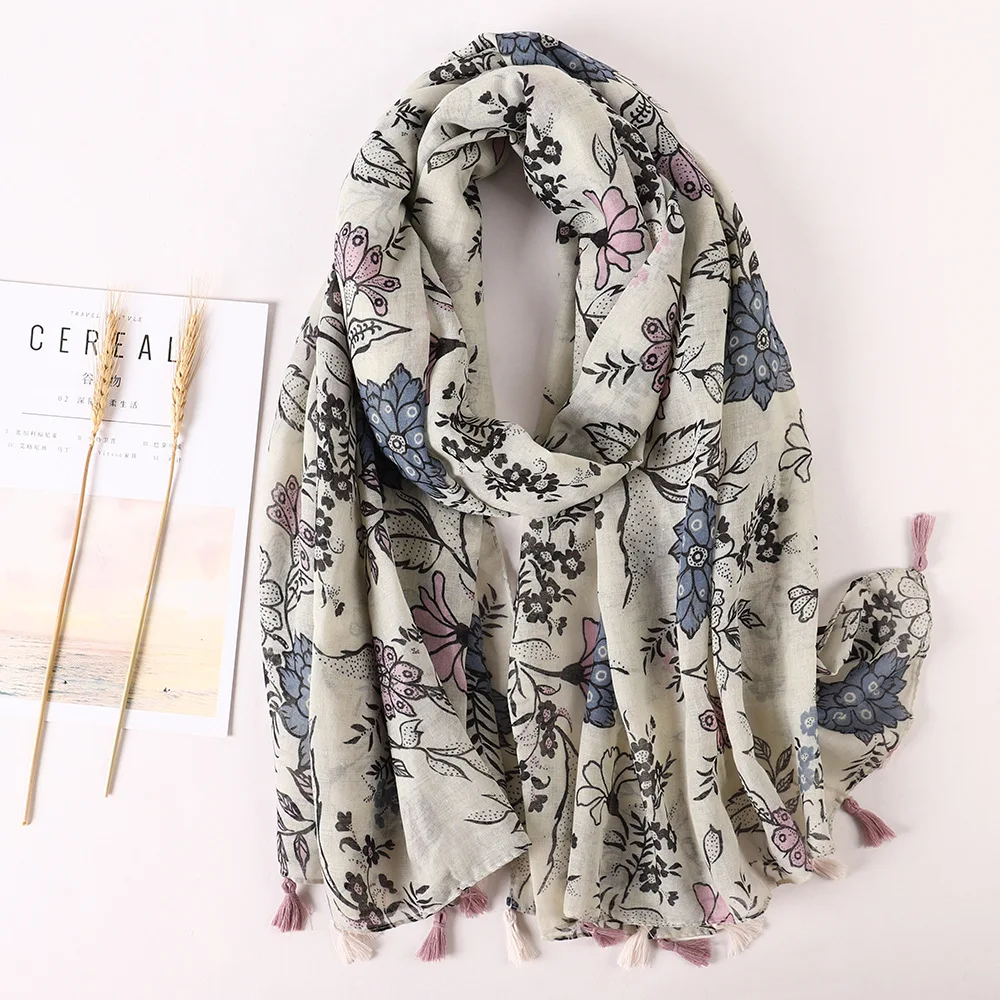 Soft Linen Cotton Scarf Shawls Women Luxury Premium Foulard Femme Art flower print Tassel Scarfs Scarves Echarpe