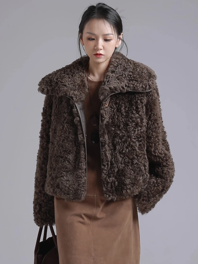 여성용 고급 토스카나 양털 시어링 재킷, 심플 네이비 넥 디자인 숏 겨울 천연 가죽 리얼 퍼 코트