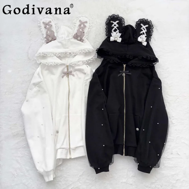 

Autumn Sweet Soft Girl Lace Sweatshirts Women's Ear Homewear Bowknot Hooded Sweatshirt Female Pearl Loose Cardigan Jacket
