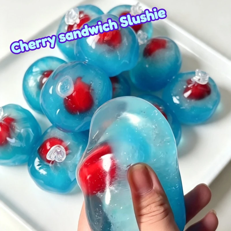 Shapable Cherry Sandwich Slushie Stress Ball Slow Rising Non-Bounce Squeeze Toy ASMR Crackling Sound Sensory Fidget for Anxiety