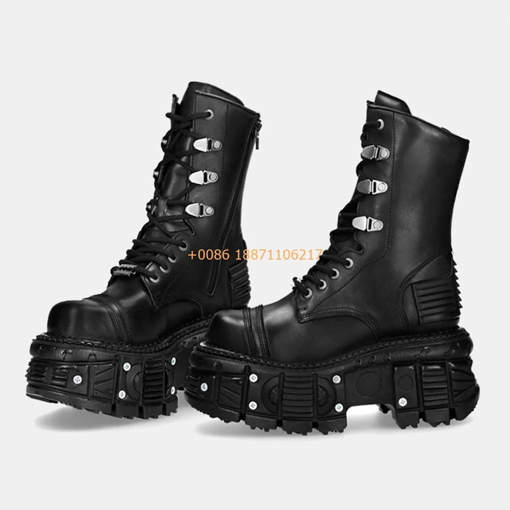 

Punk Metal Rivet Motorcycle Boots Retro Thick Sole Round Street Rock Knight Boots 35-45 Black Sports Casual Lace-Up Short Boots