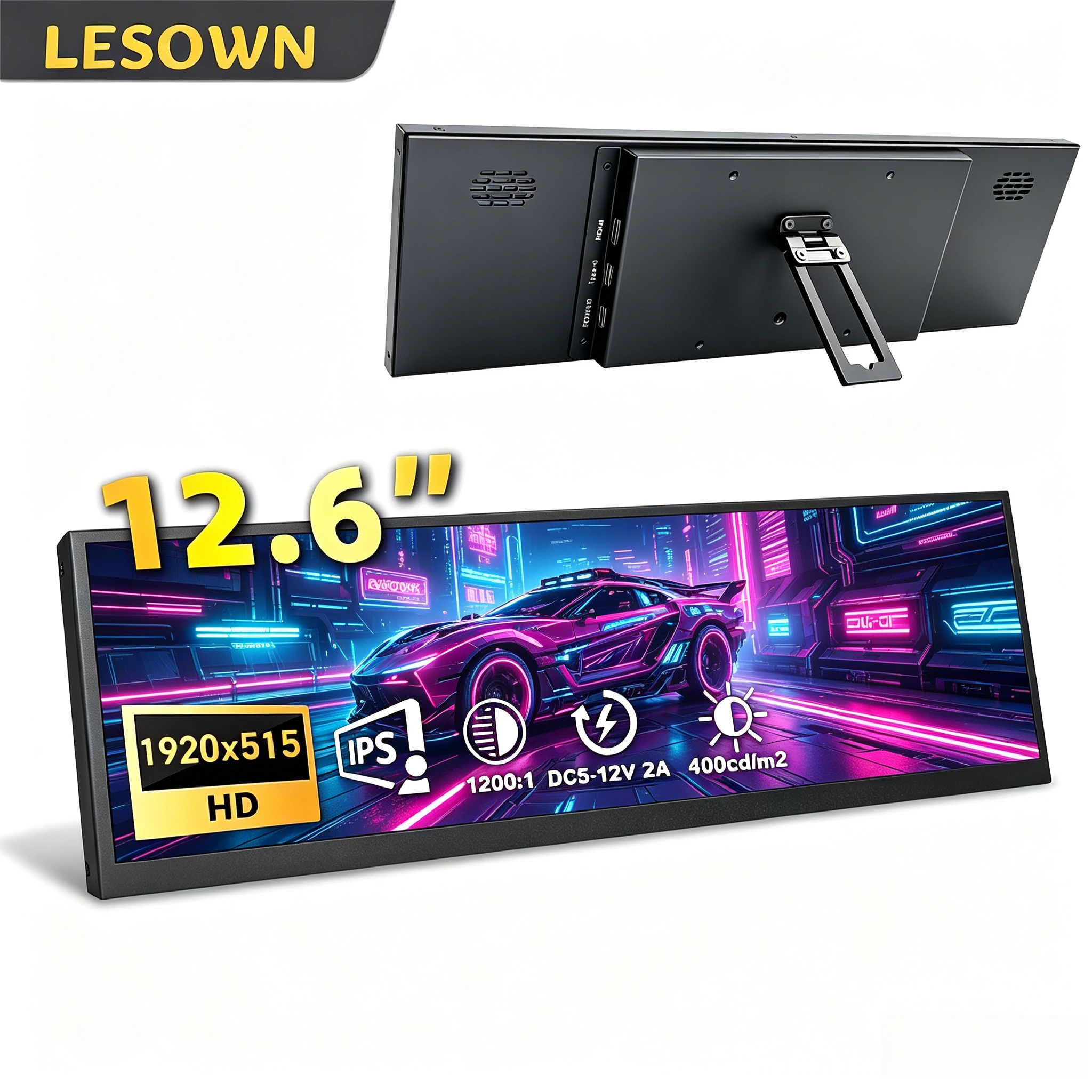 

LESOWN Stretched Bar Display 12.6 Inch 1920x515 IPS LCD Portable USB-C Horizontal Monitor for Music Frequency Spectrum Display