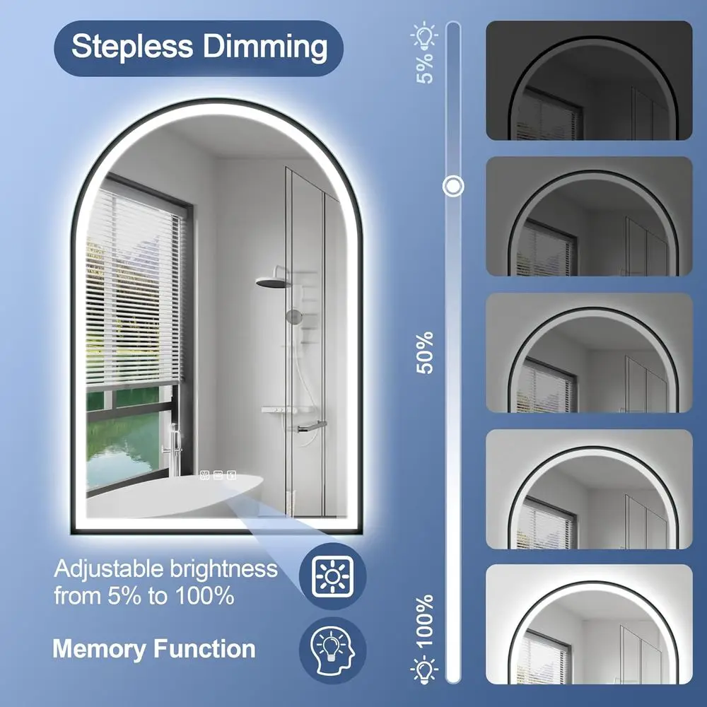 مرآة حمام مثبتة على الحائط LED مقاس 24 × 36 بوصة مع بلوتوث، مضادة للضباب، تعتيم 3 درجات الحرارة، زجاج مقسى مقاوم للماء، أسود Fr #6