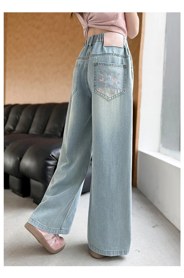 Sommer-Jeanshosen für Mädchen von UNITIM, 4-14 Jahre, Weite Beine, Lockere Passform mit Taschen, Gerade Hosen für Junge Mädchen – Detail 6
