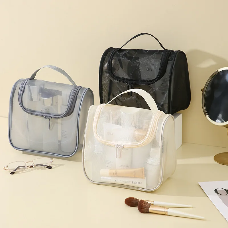 Mesh Hand-held Cosmetic Bag Large-capacity Portable Cosmetic Storage Bag Multi-functional Toilet Bag, High-value makeup pouch