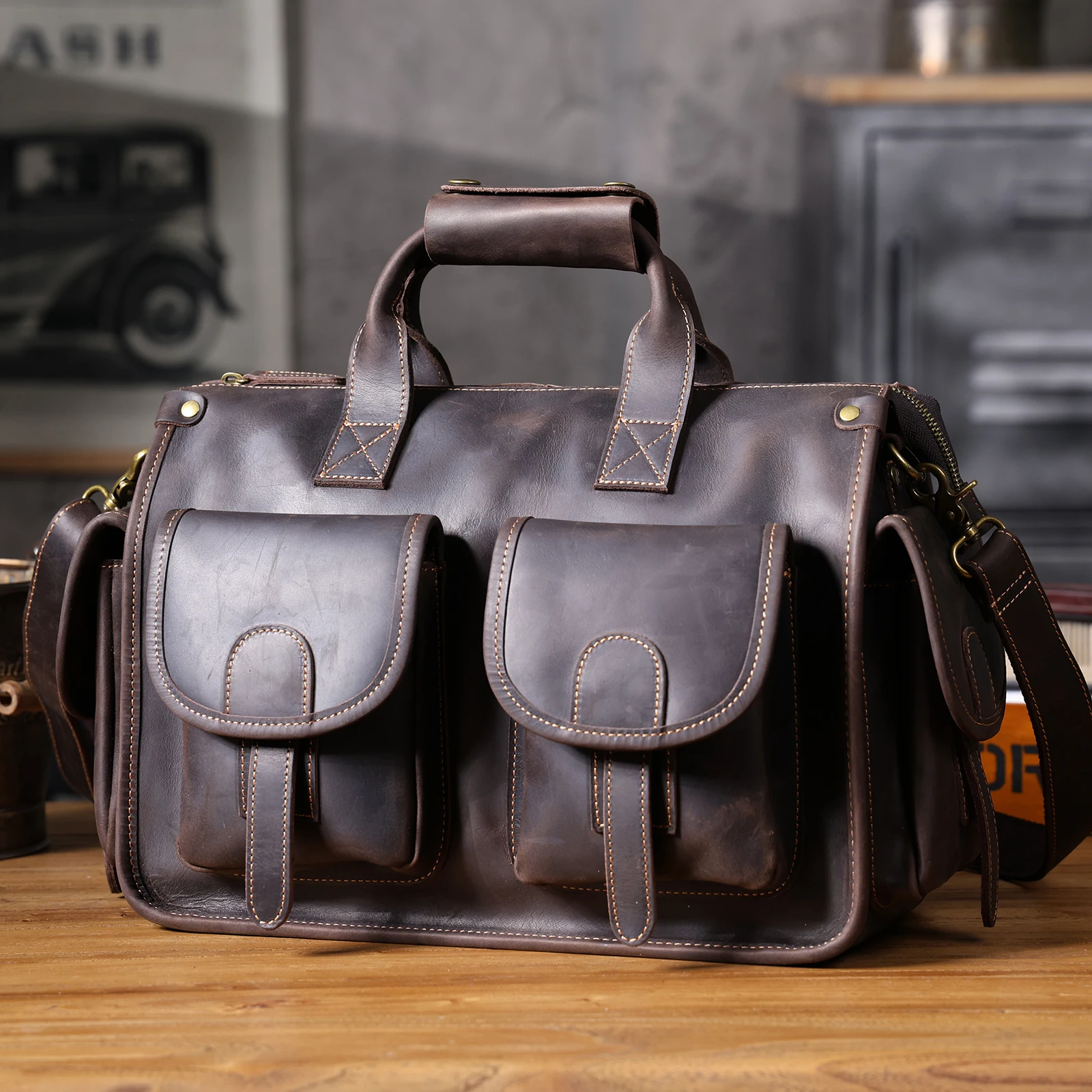 S.WORKER Vintage Echtleder Herren-Aktentasche 14" Laptop-Tasche Crazy Horse Leder Messenger-Handtasche Rindsleder Geschenkidee für Männer – Detail 10