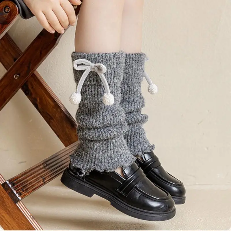 Kids Winter Heating Knit Socks With Puff Bows Not Slip Thick Warm Toddler Socks Not Slip Grip Soles for Girls