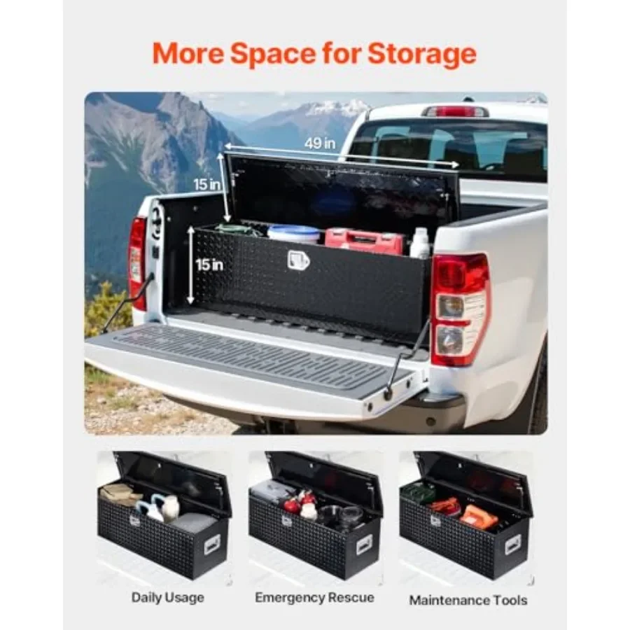 Heavy Duty Aluminum Truck Bed Tool Box, Diamond Plate, Black, Waterproof Lockable with Side Handle for Trailer, Pickup, RV, 49x