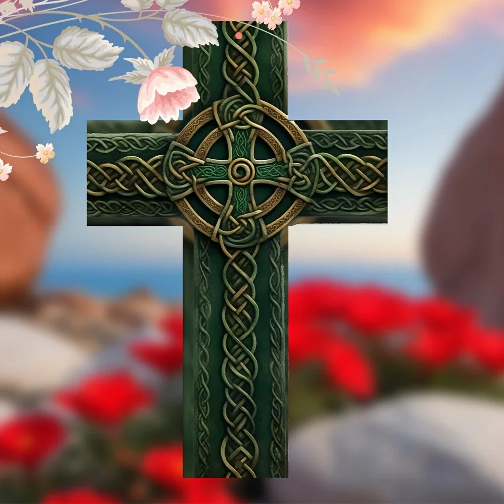 2D Metal Rustic Green & Golden Celtic Knot Metal Cross Wall Art - 8x12 Inch Farmhouse Style Metal Decor for Indoor/Outdoor