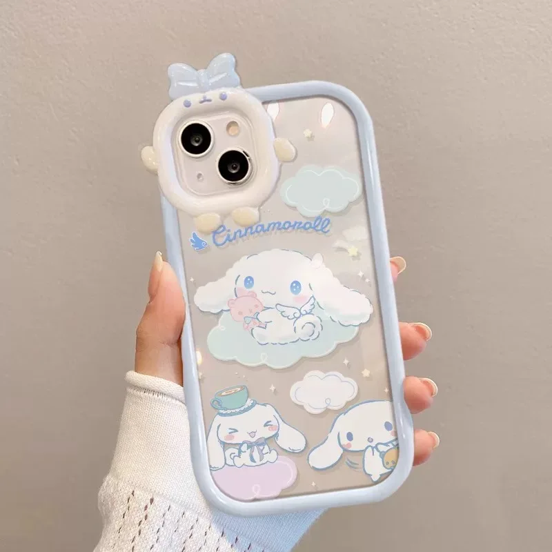 Cute Cinnamoroll bracket Lanyard Phone Case for IPhone 16 15 14 13 12 11 7 8 6 X XR XS plus Pro Max 3D Little Monster Lens Cover