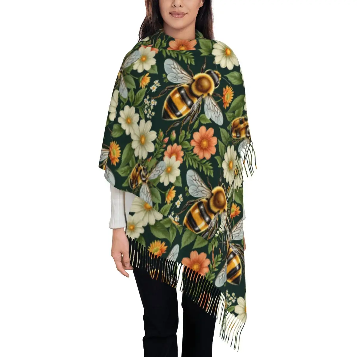 

Custom Ladies Large Cute Bee And Flowers Pattern Scarves Women Winter Soft Warm Tassel Shawl Wraps Scarf