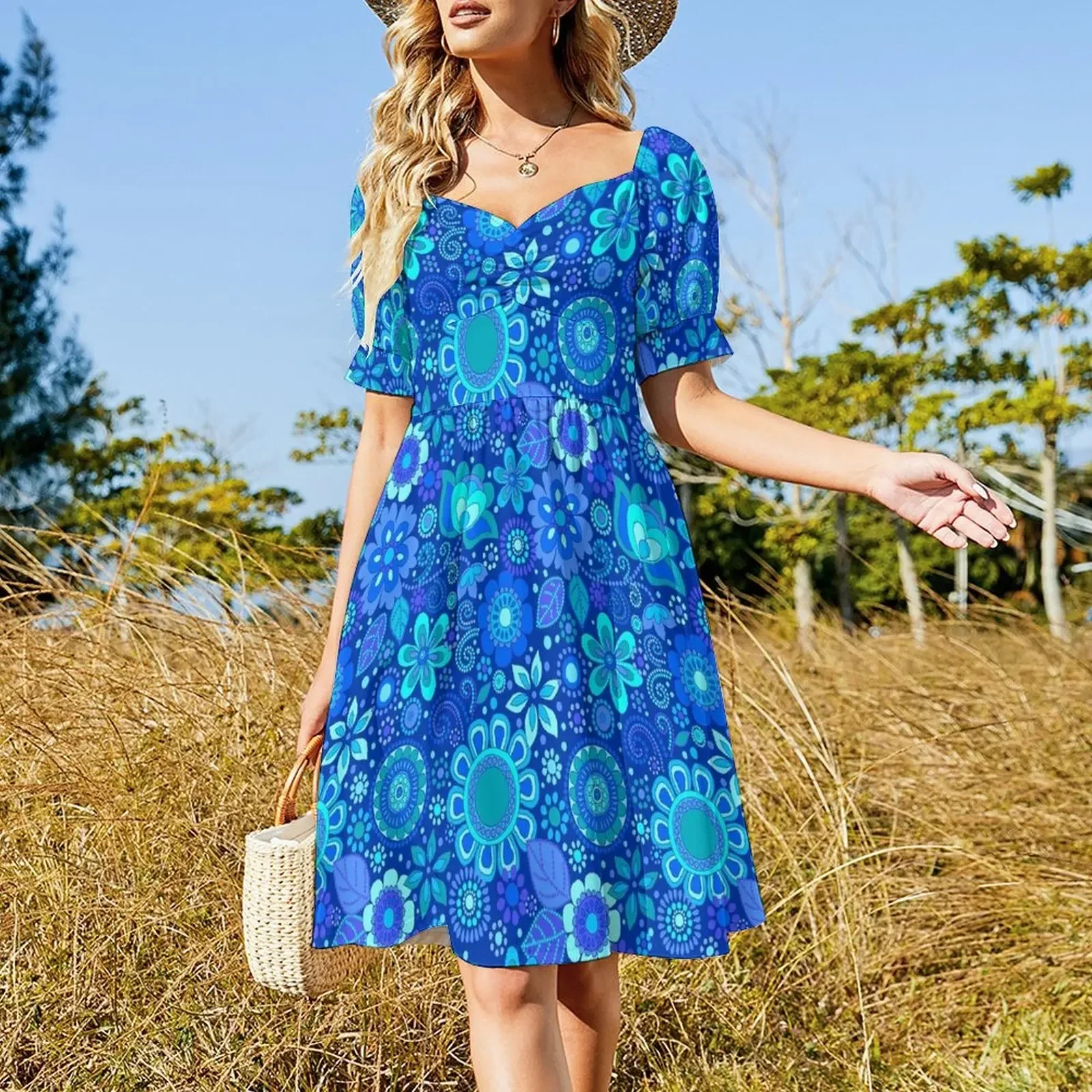 133 Groovy Flower Dots blue & turquoise Sleeveless Dress dresses korean style elegant women's dresses for wedding Dress