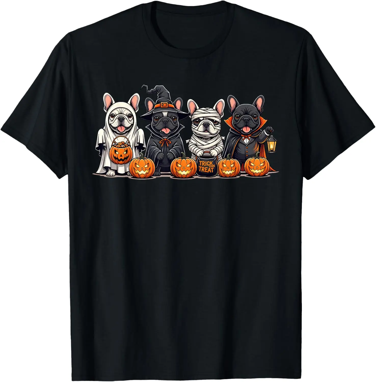 French Bulldog Ghost Witch Pumpkins Halloween Dog Costume T-Shirt Men Halloween Festival Printed Graphic Tee, Casual Crew Neck Short Sleeve Spooky Gothic T‑Shirt for Holiday Party and Halloween Gift for Men.