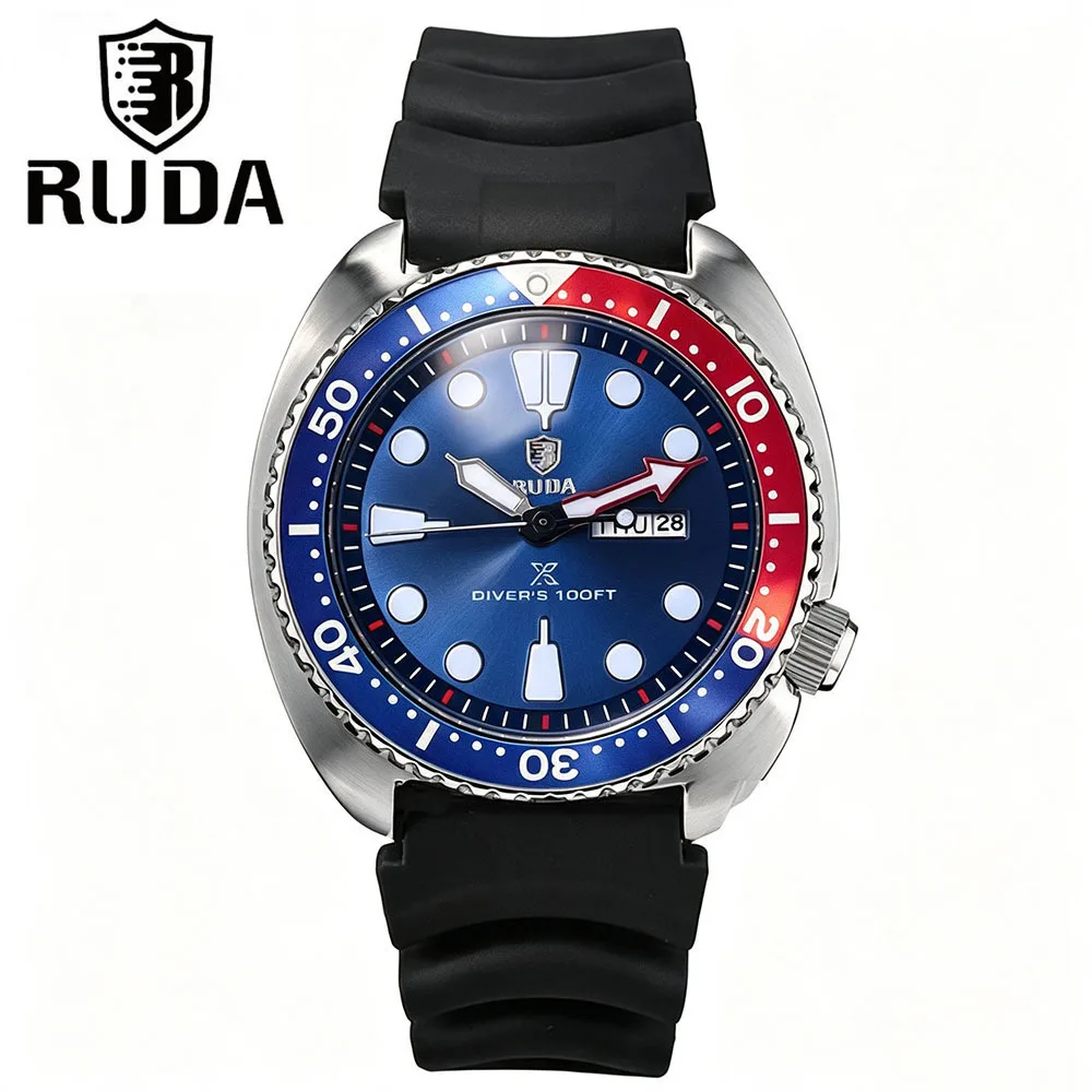 RUDA Men Quartz Watch, Two Tone Rotating Bezel Stainless Steel Strap, Dual Calendar Devil Fish Dial Wristwatch