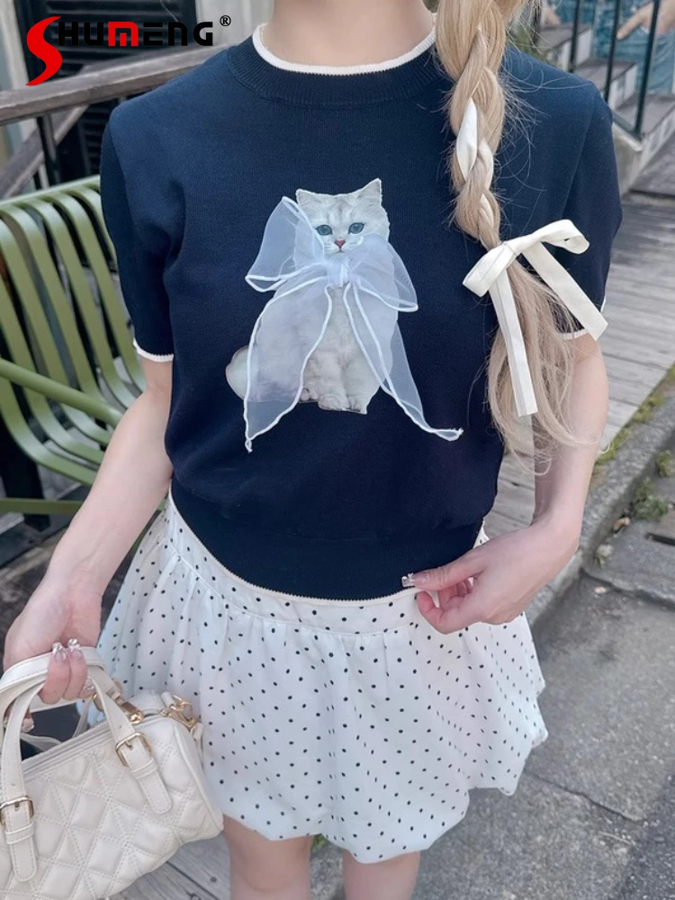 

Japanese Sweet Elegant 3D Lace-Up Bow Cute Cat Print Round Neck Puff Sleeve Casual Versatile Knitted T-Shirts Tops Women Summer
