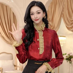 French Retro Palace Style Lotus Leaf Edge Shirt for Women's Spring New Design Nail Bead Stand Collar Chiffon Long Sleeves Shirt