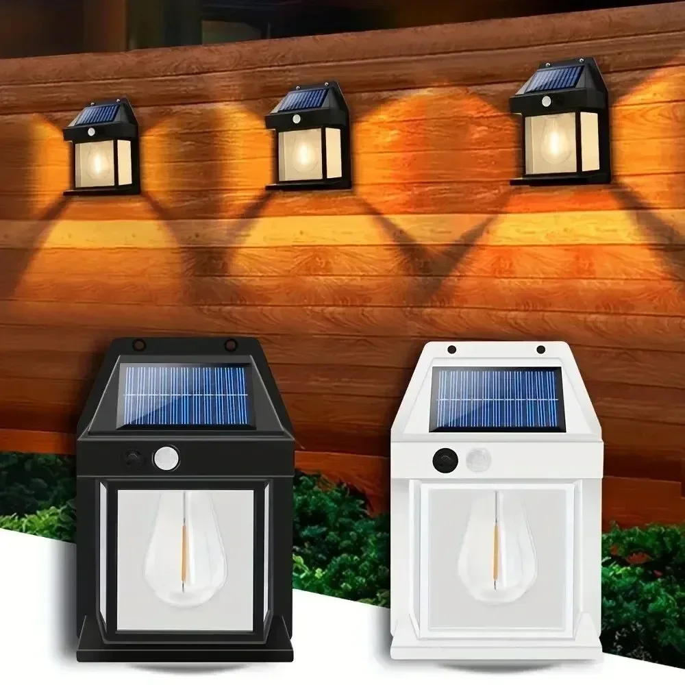 Lámpara de noche solar de tungsteno superbrillante, lámpara de pared con detección de movimiento humano, impermeable, linterna decorativa para patio y jardín, 3 modos