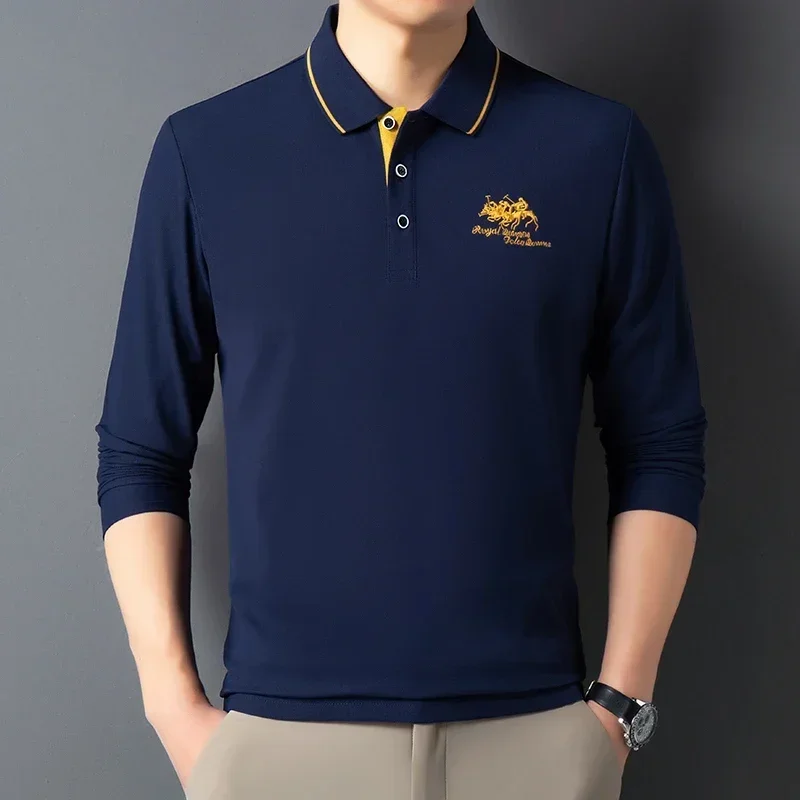 العلامة التجارية الكورية العصرية الفاخرة الساخن بيع الرجال طويلة الأكمام تي شيرت قميص بولو مطرز فضفاض حجم كبير بلون قاعدة قميص #2