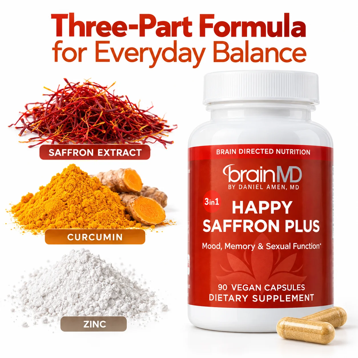 Happy Saffron Plus 90 Vegan Capsules with Saffron, Curcumin and Zinc for Mood, Memory, Focus and Daily Wellness Support