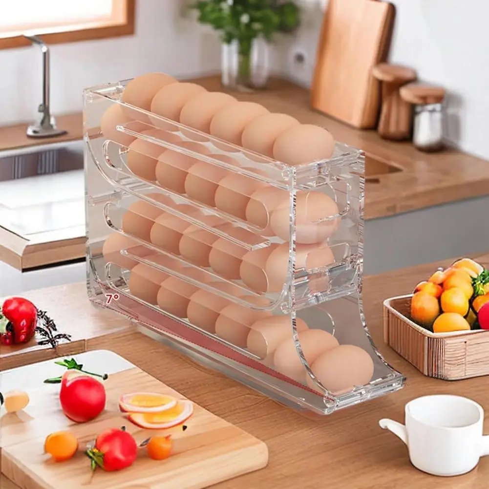 

Fridge Egg Storage Box Four Tiers Automatic Rolling 30 Egg Organizer Refrigerator Side Door Egg Dispenser Eggs Protection Tray