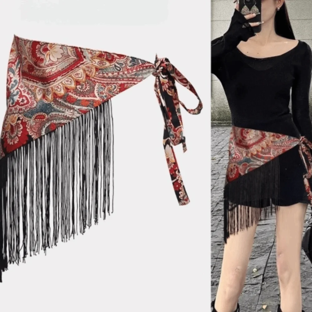 Belted Chinese Style Triangular Waist Belt Tassel Printing Trim Butt Curtain Irregular Hem Y2K Waist Scarf Layering