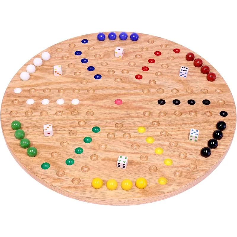 

Marble Game Board Set - Round 18" Wide Marbles Game - Solid Oak Wood - Double-Sided, with Large 18mm Marbles and Dice Included