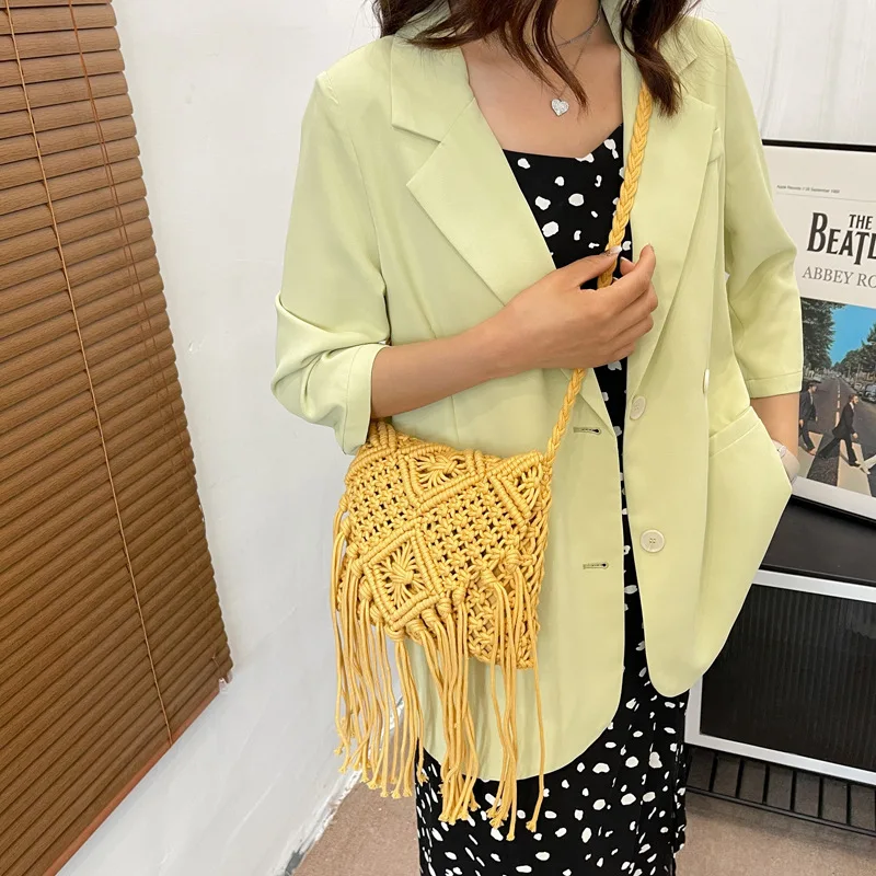 Neue Strohs ack böhmische Quaste Strand tasche Frauen häkeln Fransen Cross body ultraleichte Umhängetasche Frauen kleine Bolsos Feminina – Detail 28