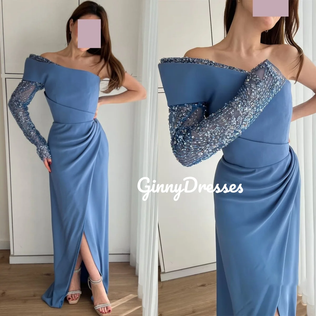 

Dresses For Prom Sheath Beaded Customize Halter Floor-Length Ruffle Luxury Evening Dresses Long Sleeves Vestidos De Fiesta Zippe