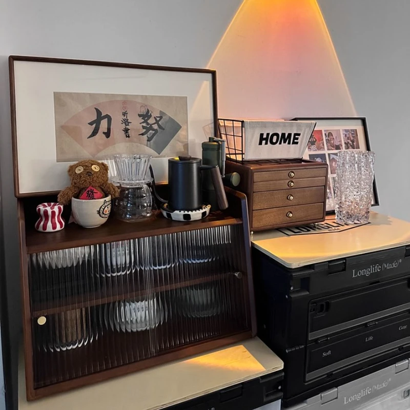 

Solid Wood Multi-Tier Cup Holder with Dust-Proof Glass Display Rack Tea Set & Mug Organizer Desktop Coffee Cup Storage Cabinet