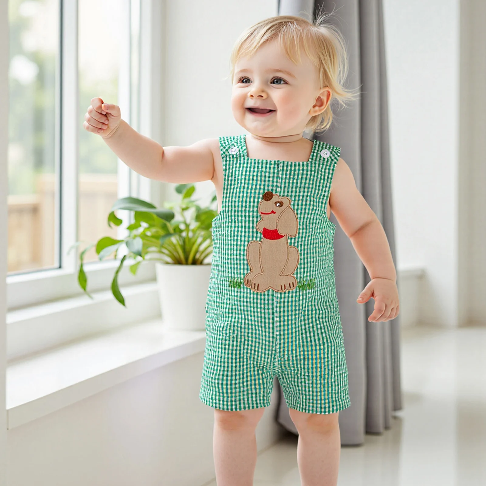 

Baby Boy Girl Plaid Overalls Romper Truck/Dog Embroidered Sleeveless Square Neck Tank Jumpsuits Newborn Clothes Outfit