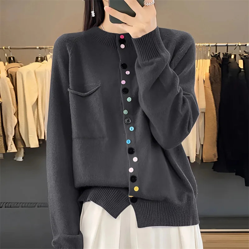 Cashmere Sweater Cardigan Women Single Breasted Long Sleeve Elegant Vintage Jumper Solid Wool Knitted Autumn Winter Outwear 2024