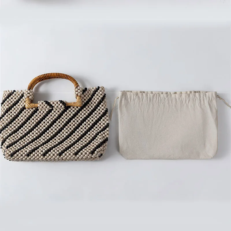 2026 Trendy Large Capacity Wooden Bead Handbag New Color Block Hollow Out Bead Tote Bag Casual Travel Beach Bag for Women