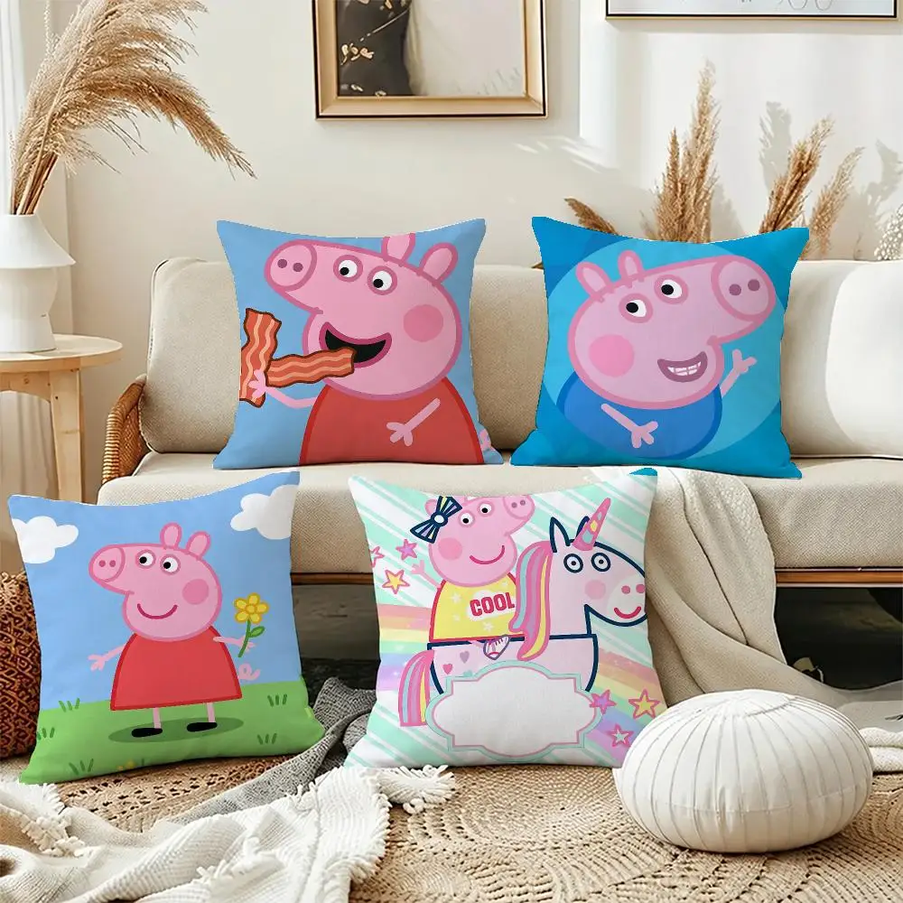 Cute Cartoon Peppa Pig Cushion Cover Short Plush Pillowcase, Washable Wrinkle Resistant Cover for Bedroom Gift